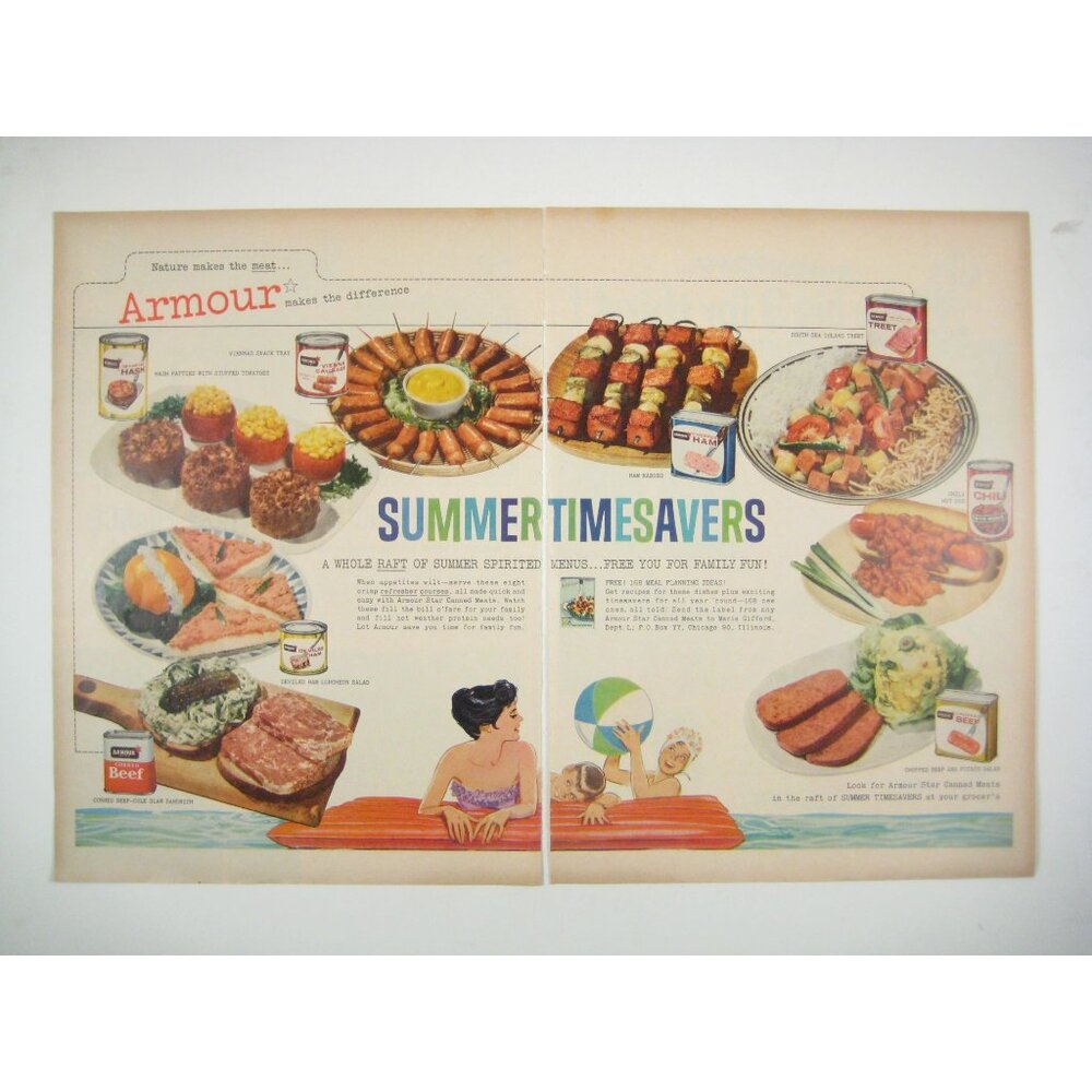 Vintage Armour Foods Summer Timesavers Recipe Print Ad 2 Page 1950s